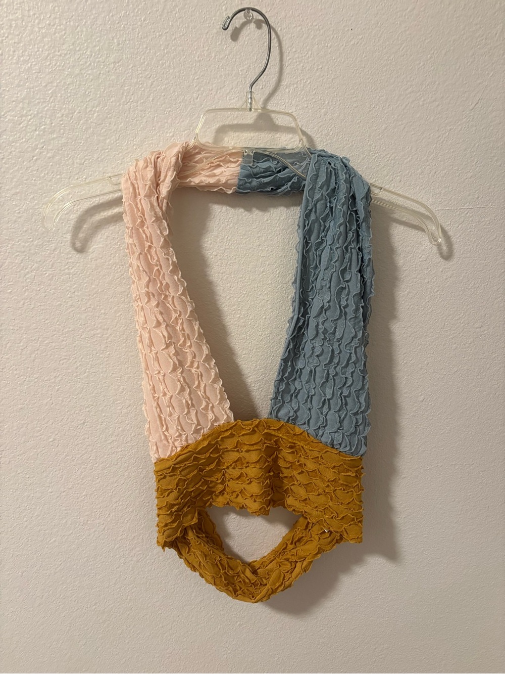 Three-Tone Textured Infinity Top- Cream, Blue & Mustard